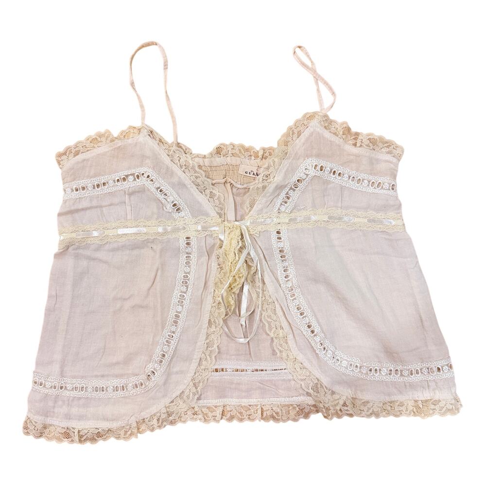 Guanwo Women's Beige Sheer Lace Trim Cami Tank Top Boho Cottagecore Size S